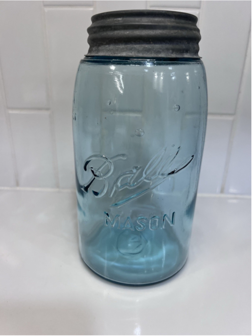 Antique Aqua Blue Ball Mason Triple L Quart Jar 1900-1910 With Lid